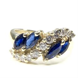 14K Yellow Gold Diamond & Blue Sapphire Bypass Ring Size 7