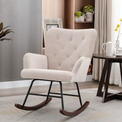 Beige Velvet Tufted Rocking Chair / Rocker / Glider w/ Metal Frame  [NEW] (Retails For $300+) 