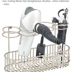 mDesign Steel Wall Mount Hair Dryer Holder, Styling Tool Storage Organizer Basket for Bathroom - Holds Hair Dryer, Flat Iron, Curling Wand, Hair Strai