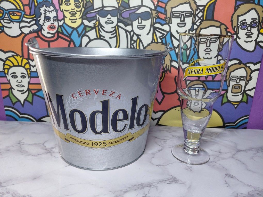 Modelo Galvanized Steel Bottle Opener Drink Bucket with Modelo Beer Glass