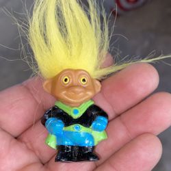 Vintage SOMA Super Hero Caped Troll 2" Turquoise Lime Green Black w/ Yellow Hair