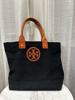 Tory Burch canvas tote with leather shoulder straps and leather Tory Burch logo