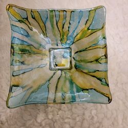 IL Quadrifoglio art glass square bowl, handmade and hand-decorated in Tuscany, Italy. 8" x 8" 