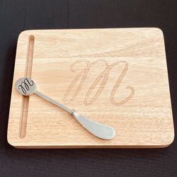 Brand New - Monogram Cheese Board with a  stainless steel spreader with a matching "M" monogram.