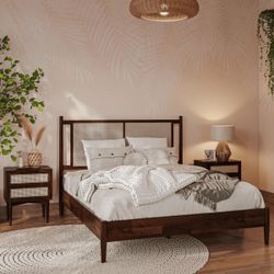 Oliver Solid Wood Platform Bed with Rattan Headboard - king size