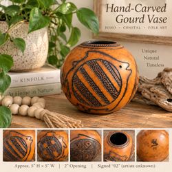 Hand-Carved Gourd Vase • Boho Coastal Folk Art • Fish & Natural Shell • Signed