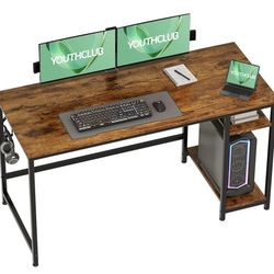 Home Office Game Desk with Wooden Storage Rack & Splice Board, 2-Story Industrial Modern Laptop Study Table, Vintage Oak, 55 inches