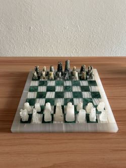 Handmade Aztec Inspired White Marble and Green Onyx Chess Set