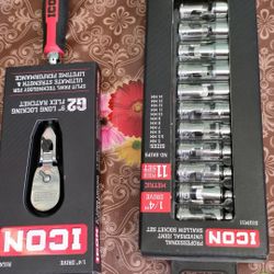 ICON 1/4 in. Drive Metric Professional Universal Joint Shallow Socket Set, 11-Piece
With  G2  1/4 in  9 in long locking  Flex ratchet  with conform gr