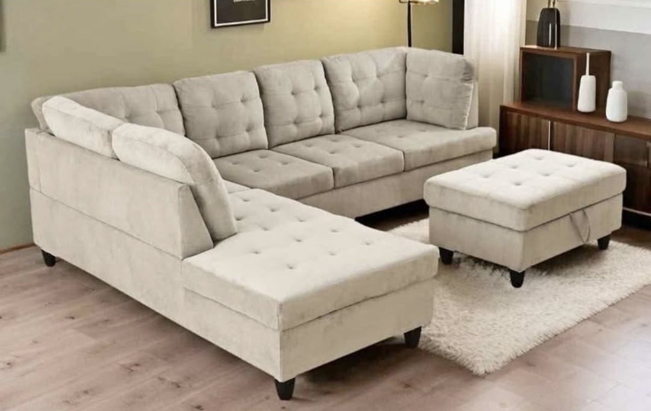 COSTCO Beige TOPE chenille Sectional Couch And Ottoman
