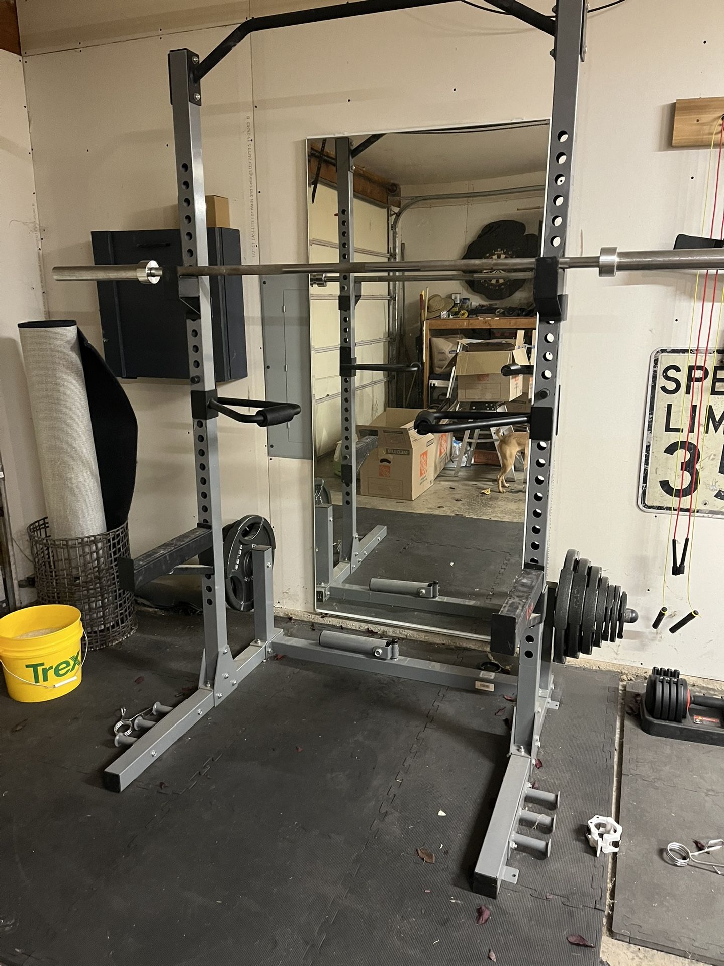 Full Home Gym Setup – Squat Rack + 45lb Barbell + 255lb Plates + Extras