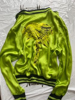 Lime Green Satin Bomber Jacket with Graphic Back