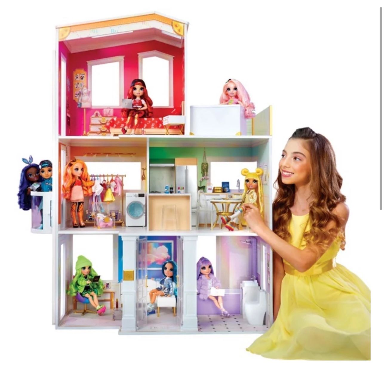 Rainbow High House – 3-Story Wood Doll House (4-Ft Tall & 3-Ft Wide), Fully Furnished Fashion Dollhouse, Working Hot Tub, Shower, Elevator, 50+ Access