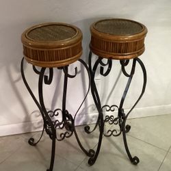 Vintage Hollywood Regency Style Wrought Iron And Rattan Plant Stand Pair