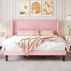 King Size Velvet Bed Frame with Vertical Channel Tufted Wingback Headboard, Upholstered Platform Bed with Wood Slats, No Box Spring Needed, Easy Assem