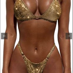 NEW YAUASOPA Shiny Gold Bikini Micro Sexy String Two Piece Thong Swimsuit Sz Med