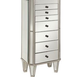 Milan Jewelry Armoire, Mirrored Surfaces and Silver Wood