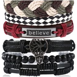 2 x Set Adjust. Size up to 9.5inc Leather Bracelet, (Believe_1-Black)
