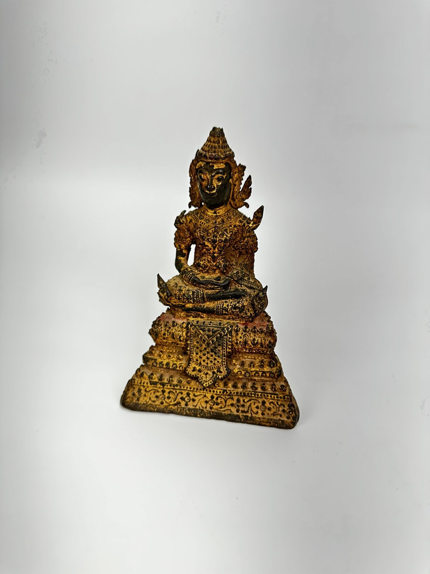 Antique Thai Buddha Statue Seated Khmer Rattanakosin Gilt Bronze 18-19 Century