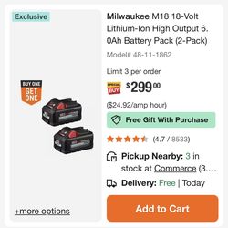 Milwaukee M18 18-Volt Lithium-Ion High Output 6.0Ah Battery Pack (2-Pack)