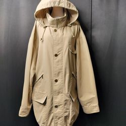 Mens Khaki Double Layer Hooded Trench Coat Style Jacket (Size XL)