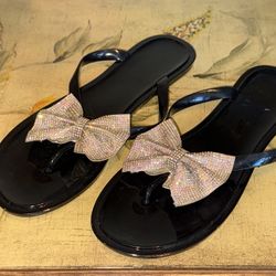 Black Sandals With Rhinestone Bow! 