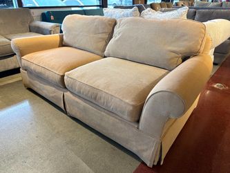LEE INDUSTRIES Tan Slip Cover Apartment 2-Cushion Sofa