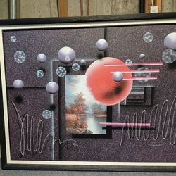 Large Abstract Futuristic Spheres Painting by Kingston Framed 53" x 41"