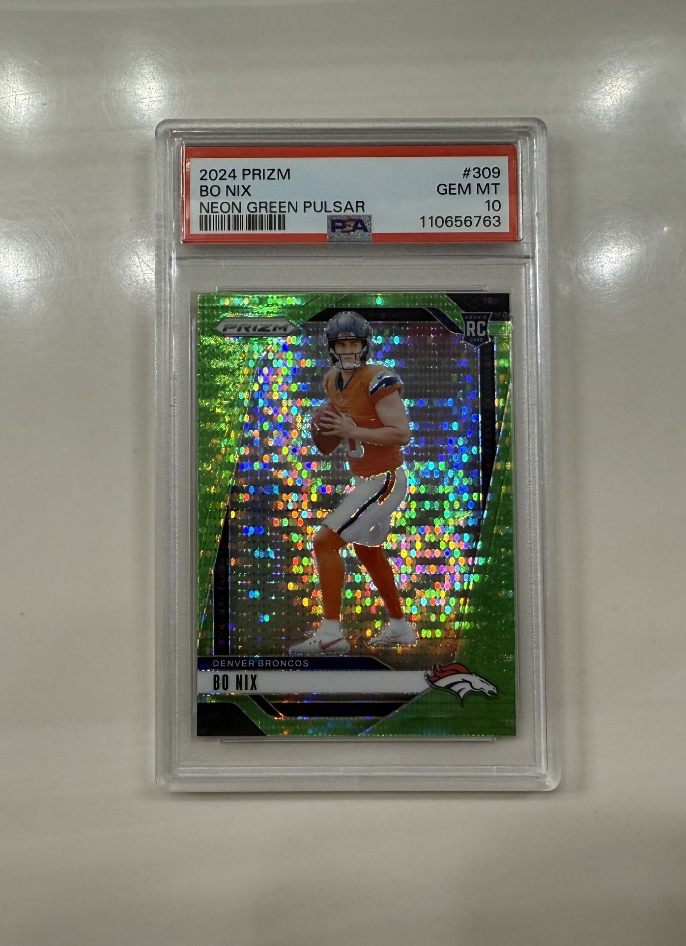 Bo Nix Panini Prizm Neon Green Pulsar PSA Gem MT 10