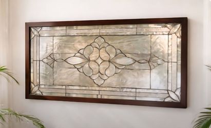 BEAUTIFUL BEVELED STAINED GLASS WINDOW, FRAMED.