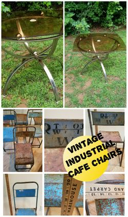Glass top table with six vintage stackable chairs