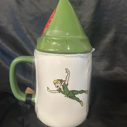 Rae Dunn Disney Peter Pan White Mug With Green Hat Topper 
