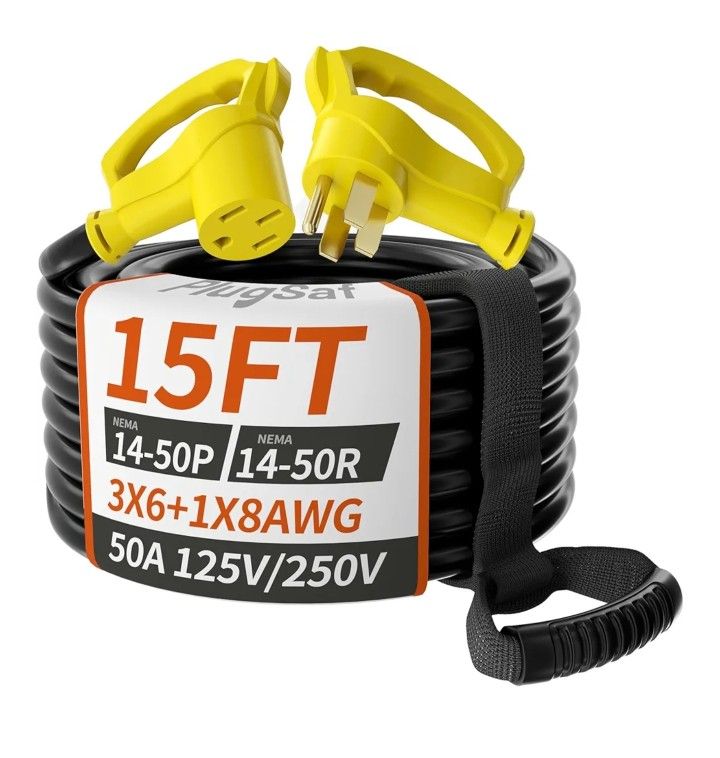 15 FT 50 Amp RV/EV Extension Cord Outdoor with Grip Handle, 4 Prong Flexible Heavy Duty 6/3+8/1 Gauge STW RV Power Cord Waterproof, NEMA 14-50P to 14-