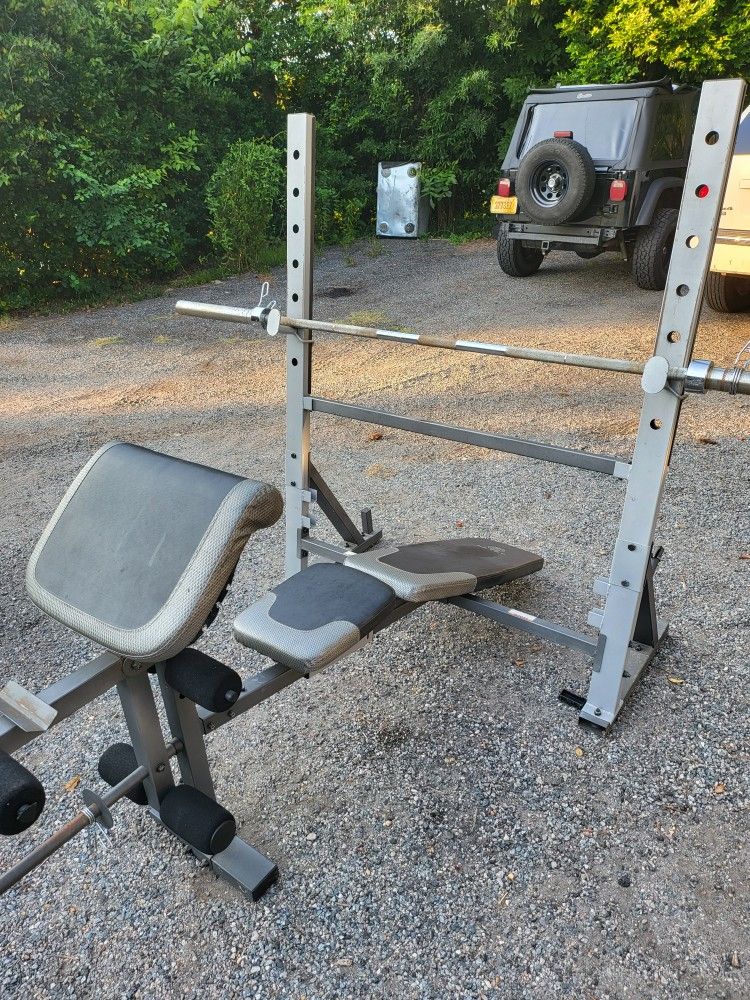 Home Gym. Adjustable Bench/Rack, Olympic Bar, Olympic Curl Bar, and 240 Pounds Of Olympic Plates
