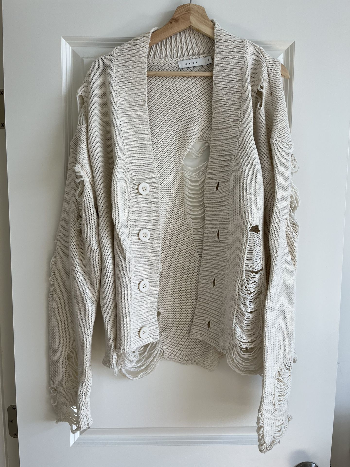 MNML Distressed Cream Cardigan Sweater Relaxed Fit
