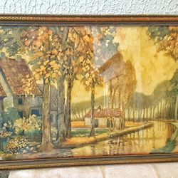 25.5" x 15.5" arts and crafts mission style antique framed print GOLD TO GREEN