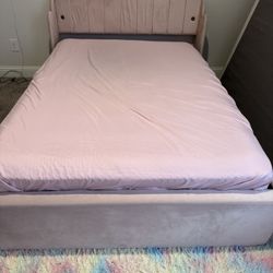 Full Size Girls Suede Bed Frame With Storage  + USB Outlets For Charging