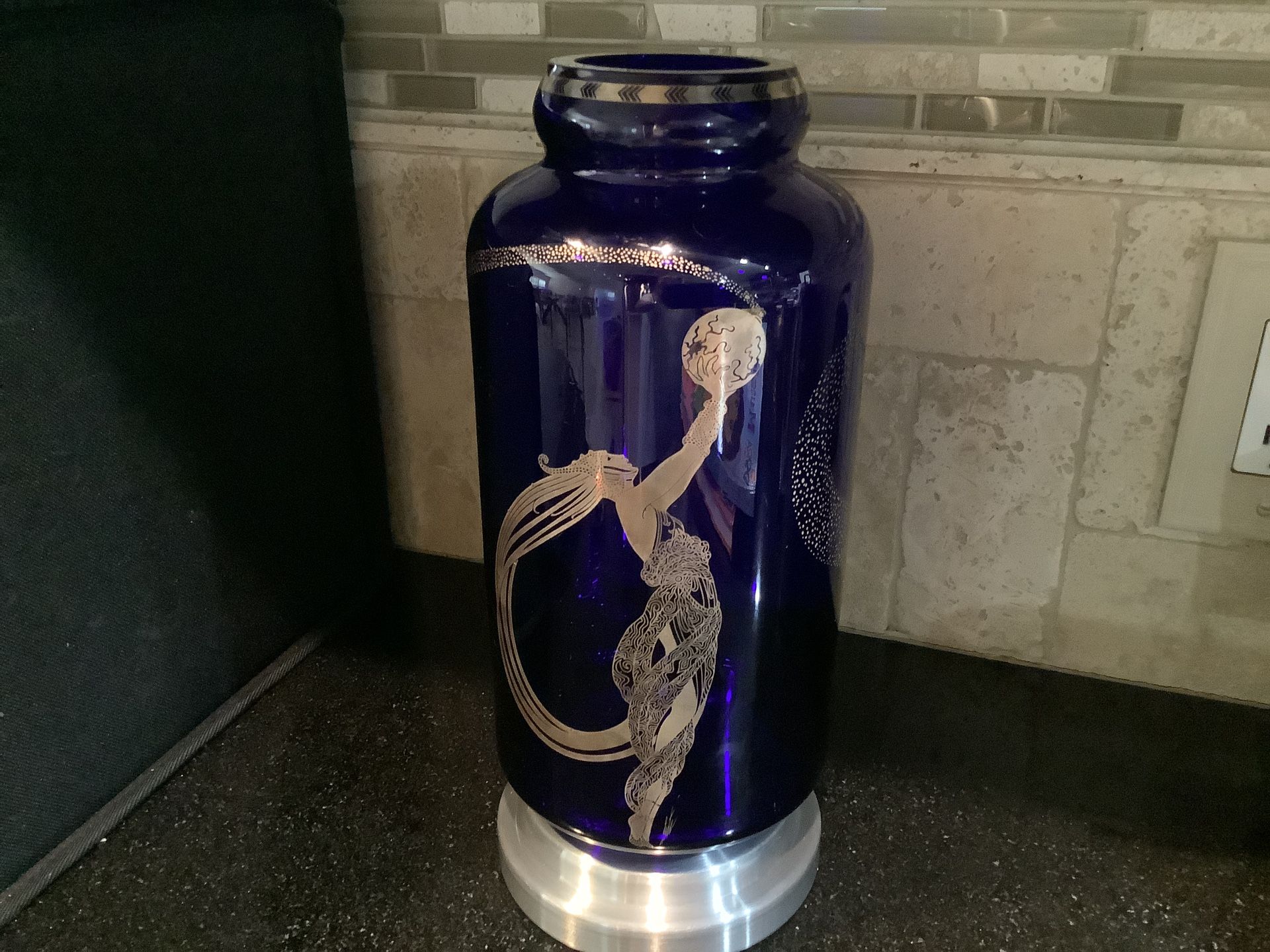 Vintage Erte' "Fireflies" Blue Glass And Silver Metallic Vase By Franklin Mint