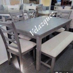 ✅️✅️6  pc grey finish wood dining table set padded seat  chairs and bench ✅️✅️