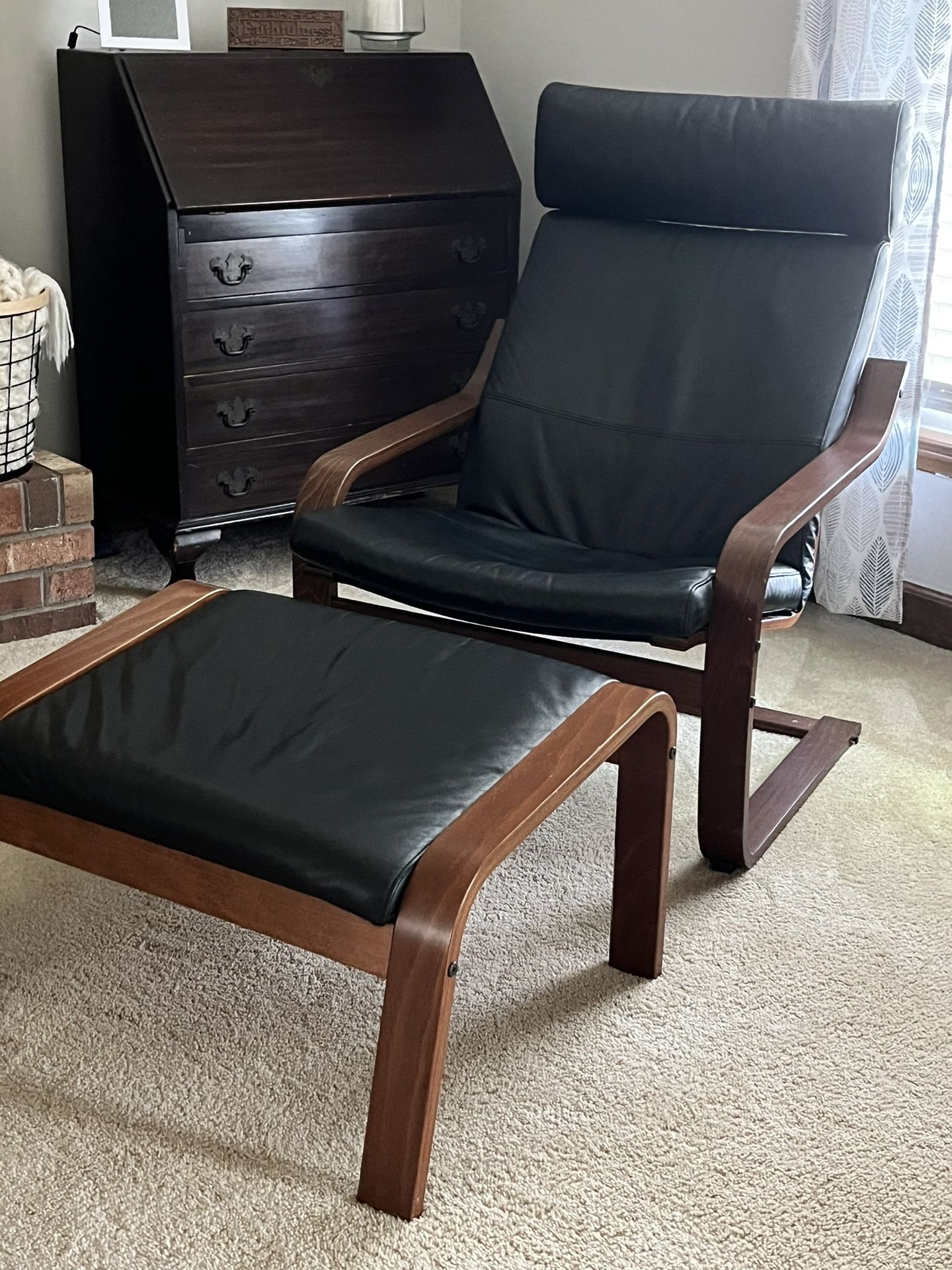 Leather IKEA Poang Chair + Ottoman