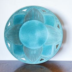 Antique Large Hand Thrown Reticulated Pottery Bowl in Turquoise Glaze Depicting Flower Star Burst, Signed  Perfect for a kitchen, entry table, dining 