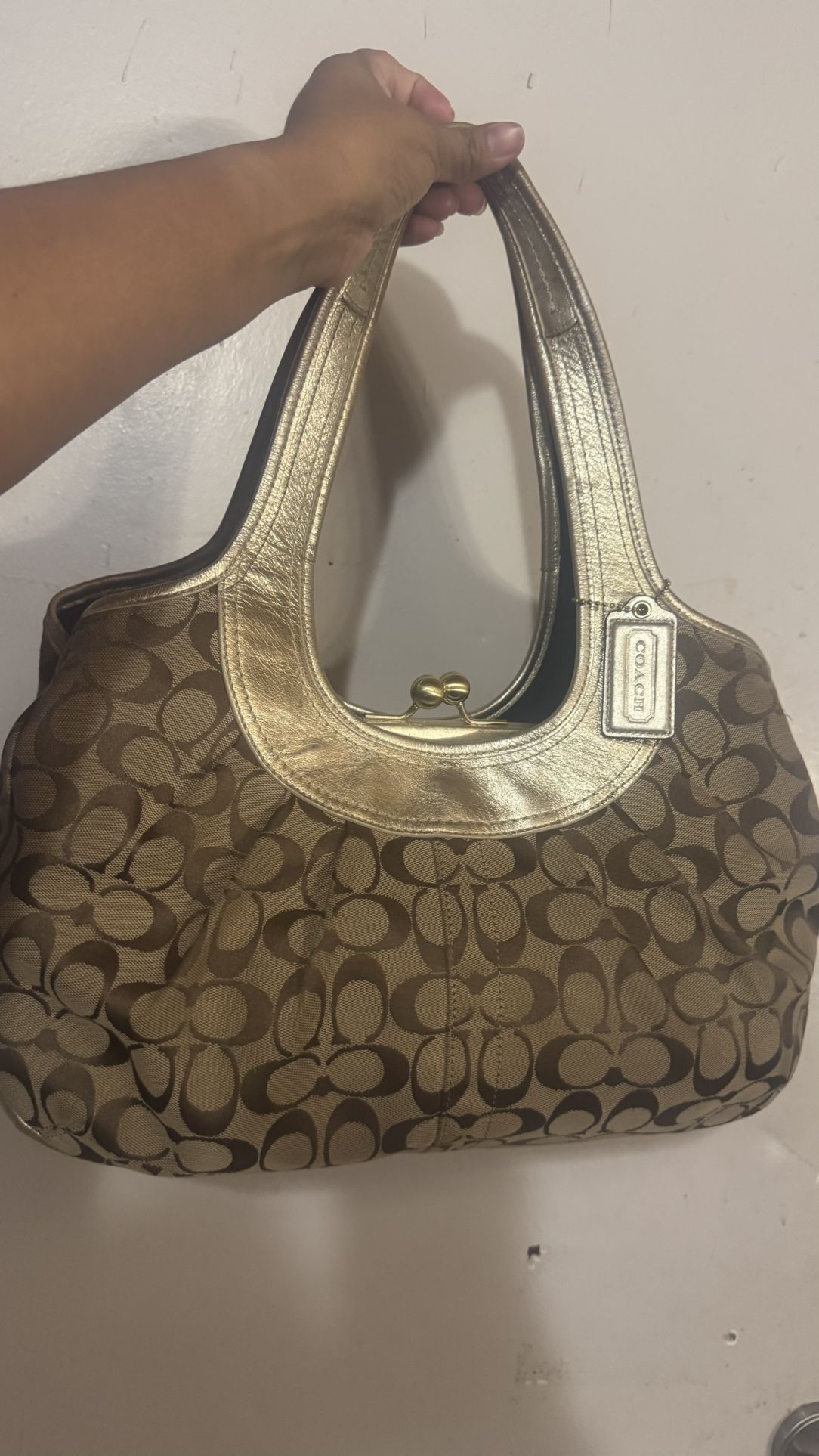 Coach Gold Canvas Tone Kisslock Ergo Shoulder and handbag,All Products : American Fashion Style Bags On Sale