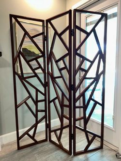 Mid Century Modern Carved Geometric Walnut Three Panel Screen