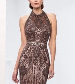 Ivonne D Exclusively for Mon Cheri 218D27 Halter Neck Evening Gown in Mocha, Size 12