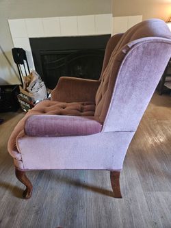 vintage mauve velvet Queen Anne wingback chair