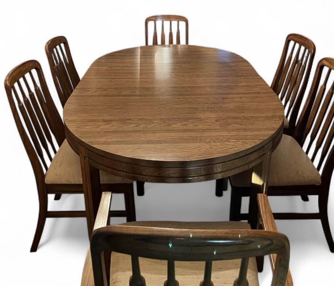 Dining table 6 chairs matching China cabinet Formica top dark wood 1970’s set vintage Round or Oval