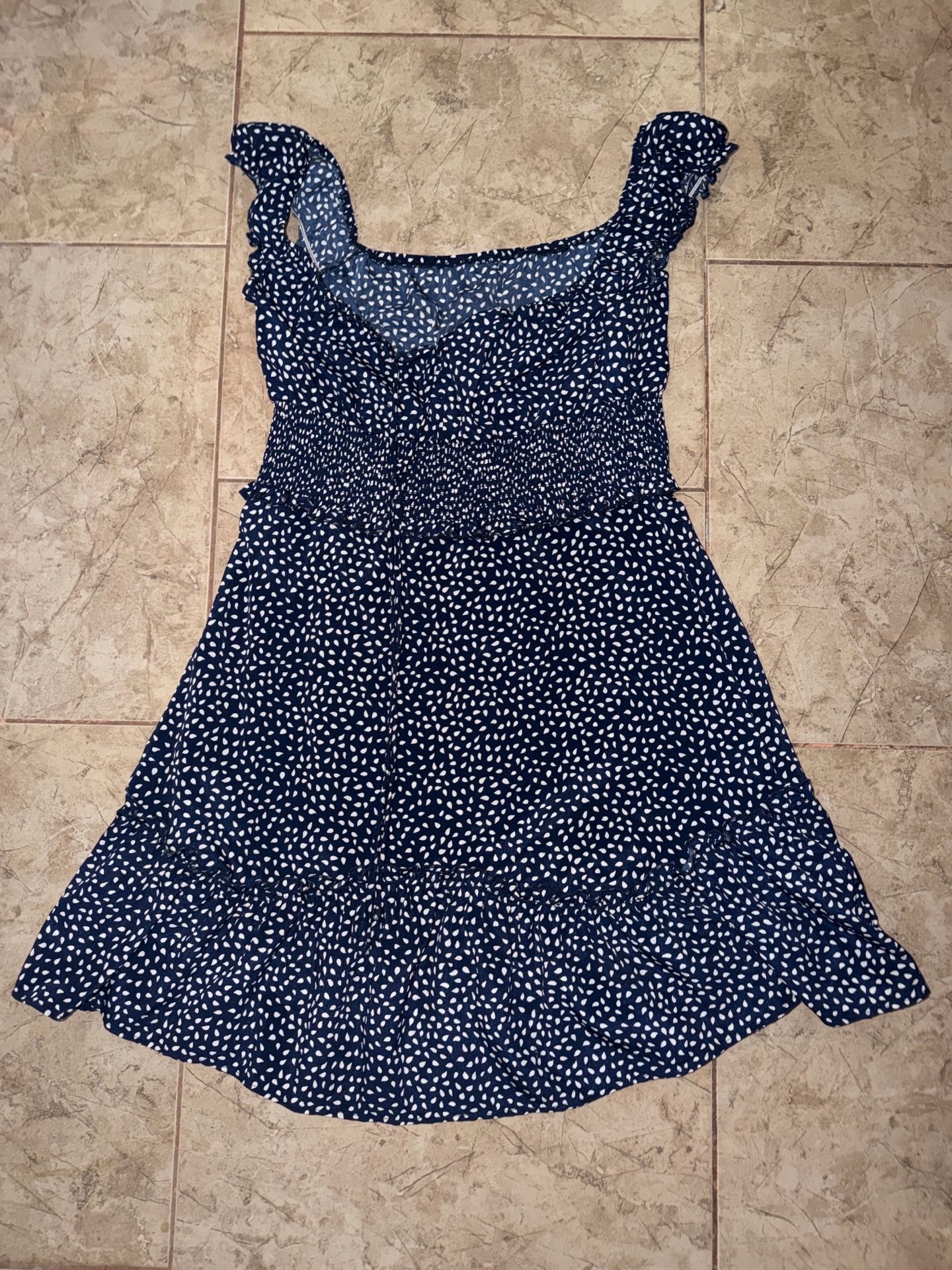 Navy Blue & White Polka Dot Smocked Mini Dress – Ruffle Hem – Size L – Cottagecore