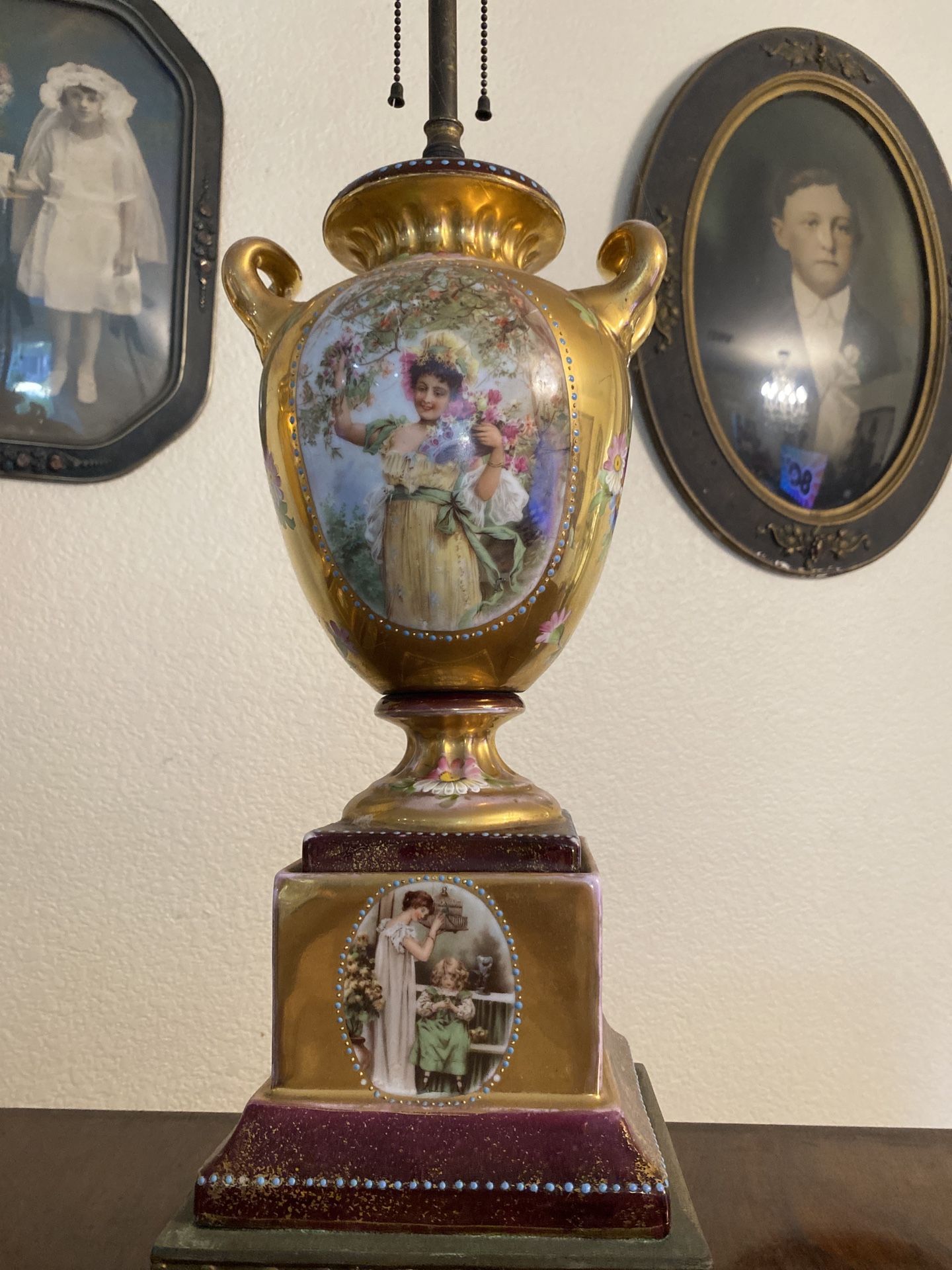 Pair Of Antique Hand-Painted Porcelain Urn Lamps