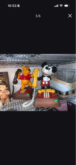 Set of 2 Vintage Mickey Mouse and Winnie the Pooh Phone Push Button, Yellow Hand Phone Set