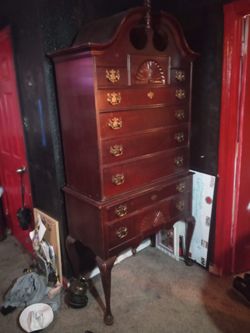 Antique Tallboy Chest of Drawers Mahogany Brass Handles 10 Drawers Carvings